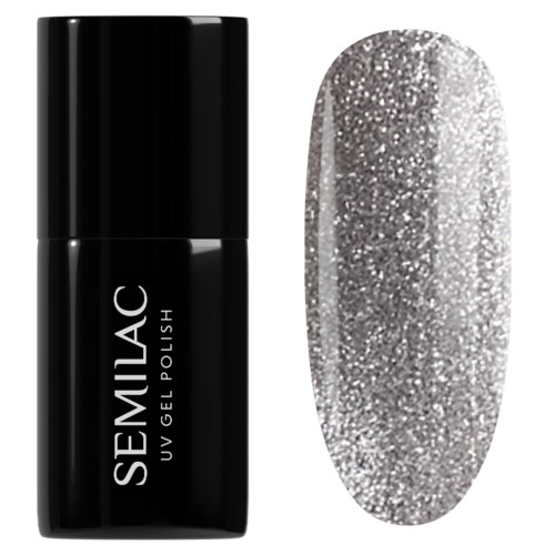 En svart nagellackflaska märkt SEMILAC UV GEL POLISH och en glitterinspirerad silvermålad nagel.