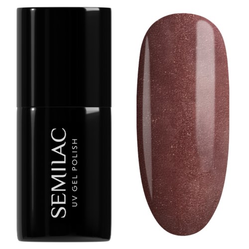 En svart flaska märkt SEMILAC UV-gel nagellack bredvid en målad oval nagel med glänsande, rödbrun färg.