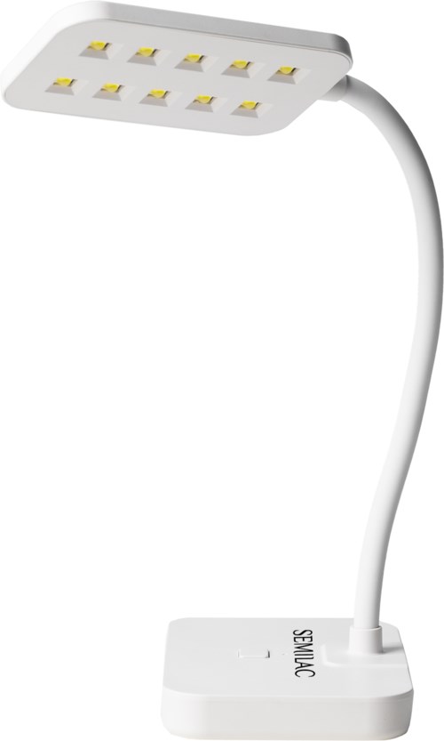 Eine weiße LED-Arbeitslampe mit flexiblem Hals und rechteckigem Lichtkopf, auf weißer Basis.