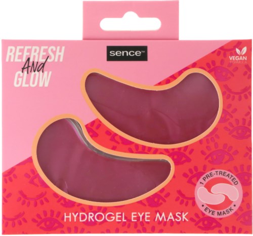 Pinkmarkierte Box mit zwei Gel-Augenmasken in Mondsichelform, vegan und vorbehandelt.