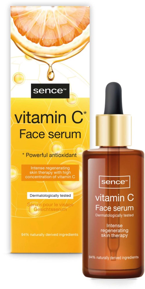 Eine Box und Flasche mit Sence Vitamin C Gesichtsserum, mit Orangenbild, Tropfer und Vorteilsbeschreibung.