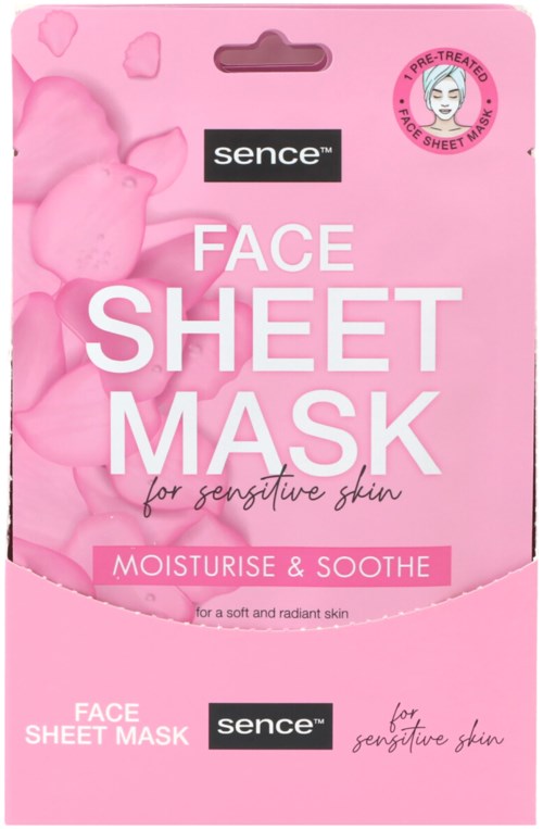 Pinkes Verpackung mit Bildern von Bärenförmigen Gesichtsmasken, erwähnt Feuchtigkeit und Beruhigung für empfindliche Haut, inklusive Marke Sence.