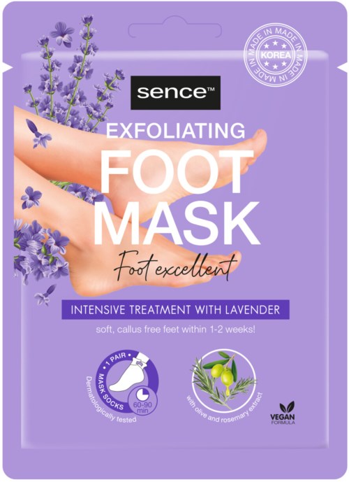 Lavendeldoftande fotmask för fjällning och mjuka fötter, lovar synliga resultat på 1-2 veckor, veganskt formulering, och växtbaserade ingredienser.