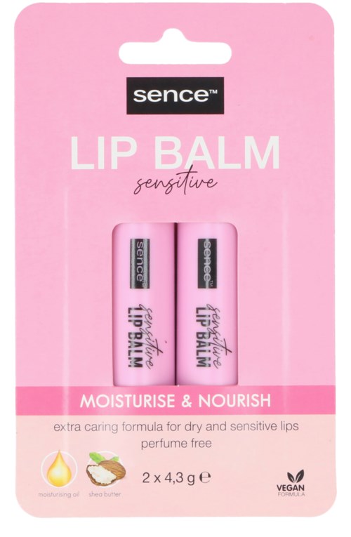 Eine rosa Verpackung mit zwei Lippenbalsamen von Sence, für empfindliche Lippen, zur Feuchtigkeit und Pflege gedacht.