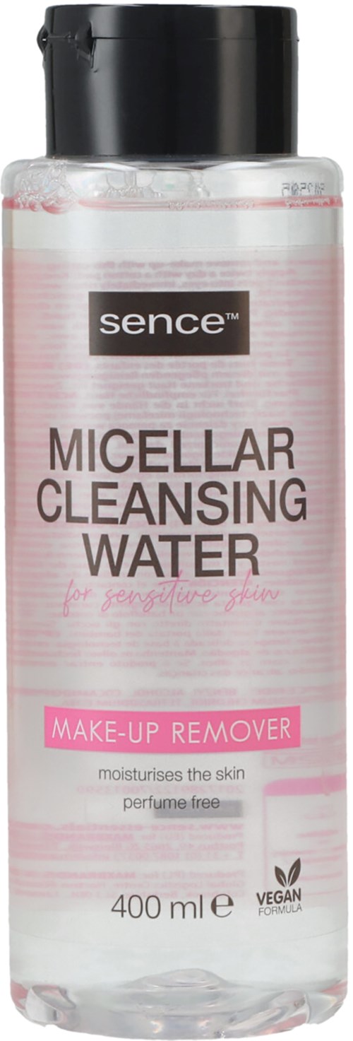 Eine große transparente Flasche mit schwarzem Deckel, gekennzeichnet mit 'sence' Mizellen-Reinigungswasser, zum Entfernen von Make-up.