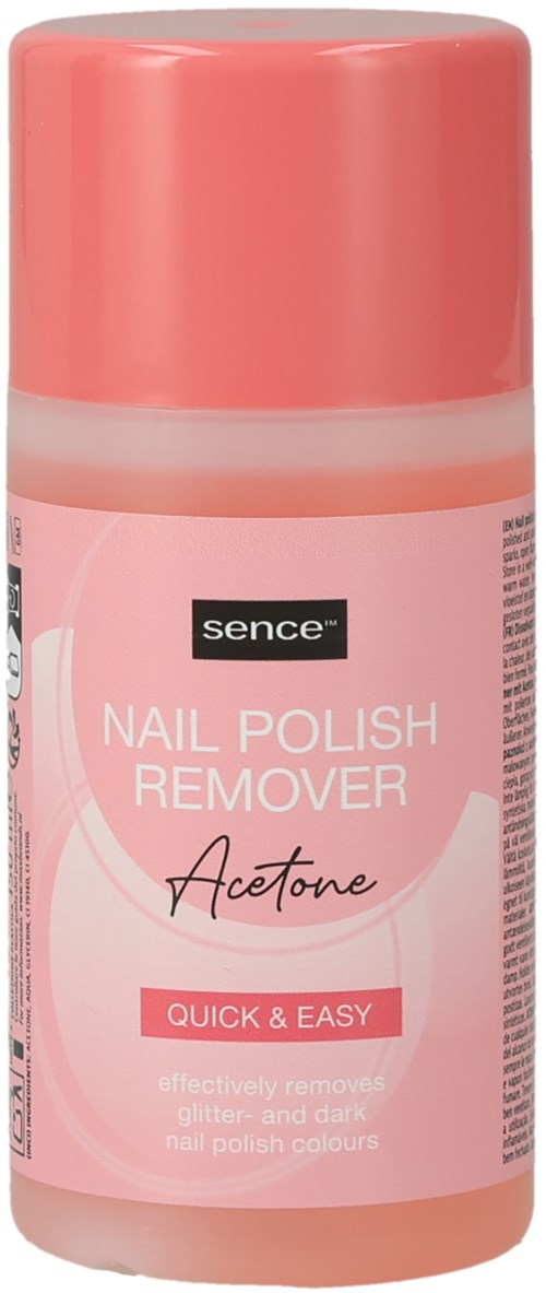 Eine rosa Flasche Nagellackentferner mit dem Label 'Sence Acetone' und rosa Deckel.