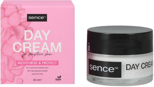 Pink box with flowers and a container of day cream for sensitive skin by Sinne.
