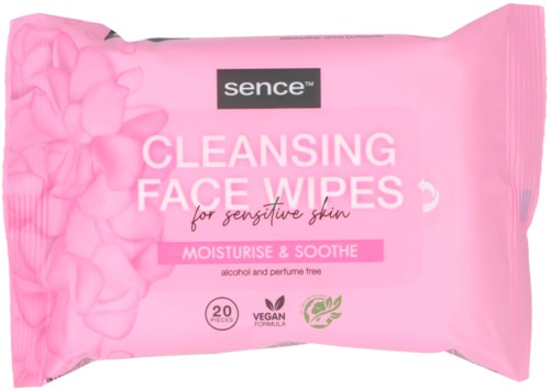 Rosa Packung mit Reinigungs-Tüchern für sensible Haut, alkohol- und parfumfrei, 20 Stück, vegane Formel.