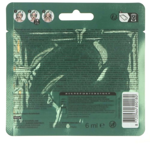Kleine, grüne, Einweg-Gesichtsmaske-Tasche mit Anweisungen, Inhaltsstoffen und Barcode. Zeigt Symbole für Recycling und korrekte Entsorgung.