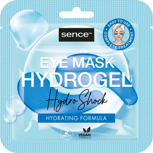 Eine blaue und weiße Verpackung für Sence Augenmaske Hydrogel mit Wassertropfen, zeigt, dass sie einfach zu verwenden und vegan ist.