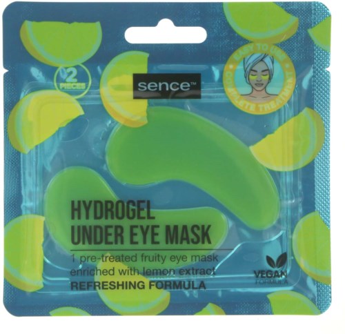 Ein hellgrüner Augenmaske, geformt wie eine Gurke, verpackt mit Zitronenscheiben, als hydratisierend und erfrischend gekennzeichnet.