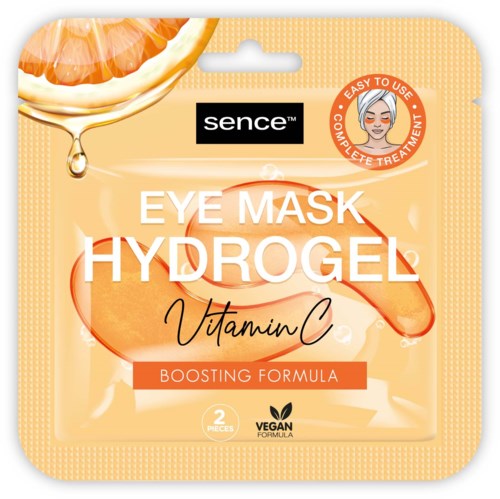 Sence Augenmaske Hydrogel mit Vitamin C, Boosting-Formel, und Abbildung von Orangenscheiben und Gurken.