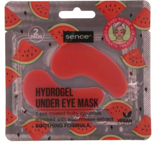 Dieses Bild zeigt ein Gesichtsmaskenset mit zwei Teilen, Wassermelone-Thema auf der Verpackung und Text auf Englisch über Augenmasken mit Wassermelonenextrakt.