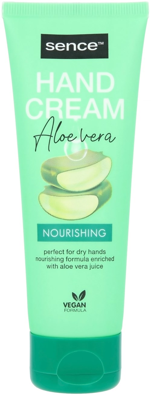 Grüne Tube Handcreme mit Aloe Vera, mit Aloe Vera Scheiben, kennzeichnet als nährend und vegan.