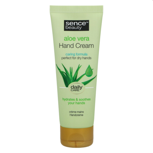 Eine grüne Tube mit Sence Beauty Aloe Vera Handcreme und braunem Deckel, mit Blatt- und Wassertropfenillustration.