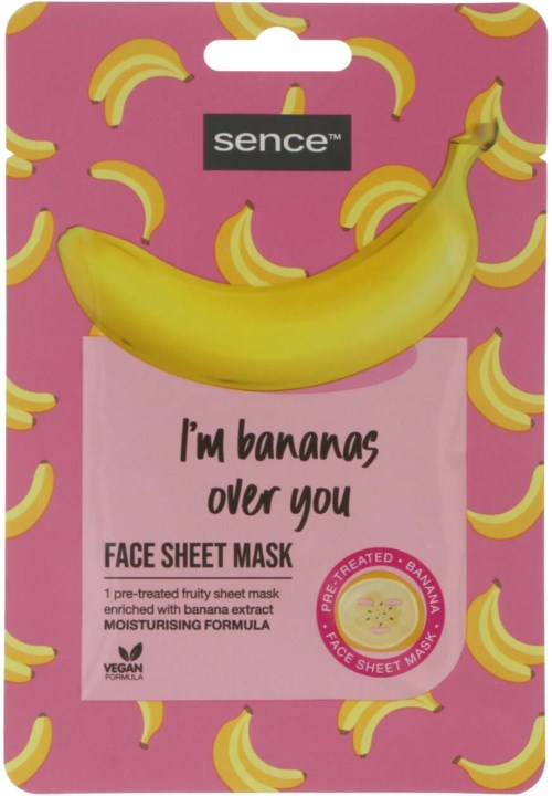 Eine pinke Verpackung mit vielen Bananenzeichnungen, ein großer Banane und Text über eine Bananengesichtsmaske.