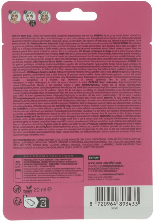 Eine pinke Verpackung mit Anweisungen, Illustrationen und Text, einschließlich Symbole für Größe, Inhaltsstoffe und Recycling sowie einem Barcode.