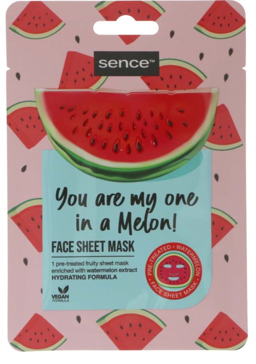 Eine Gesichtsmaske mit Wassermelonenscheiben und dem Text "You are my one in a Melon!".