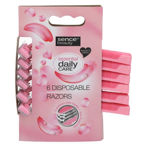 Eine pink-weiße Verpackung mit Einwegrasierern mit pinken Griffen, im Einzelhandelspack.