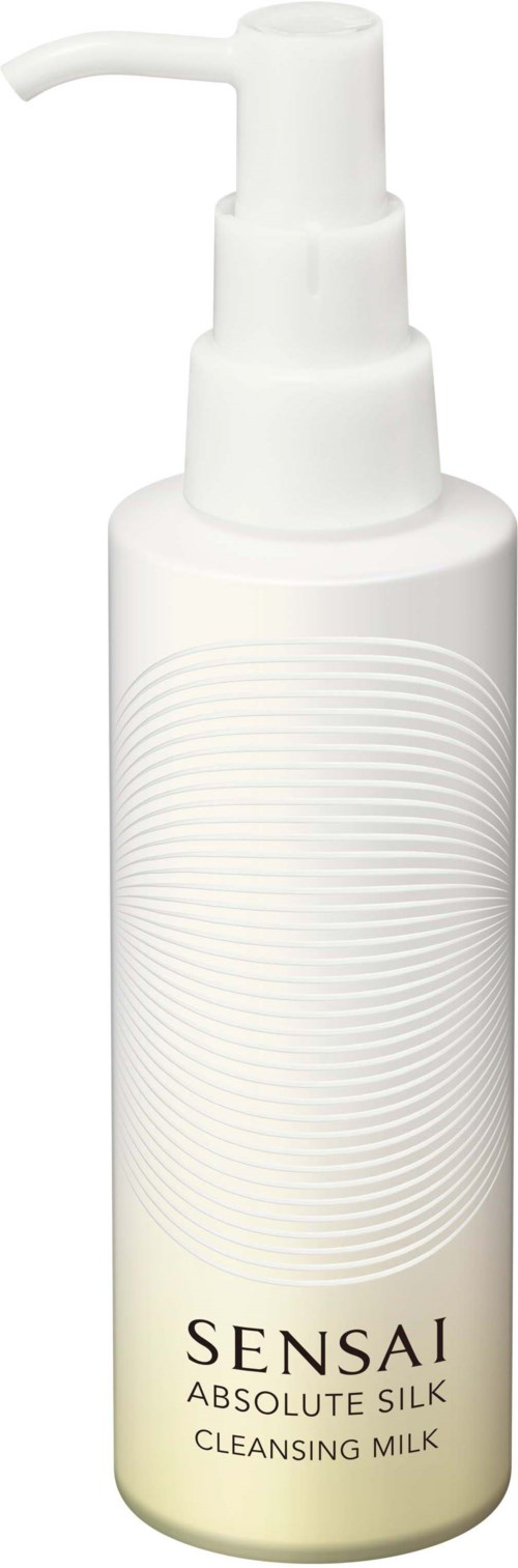Een witte fles met pomp, gelabeld Sensai Absolute Silk Cleansing Milk, met een eenvoudig ontwerp en gebogen lijnen.