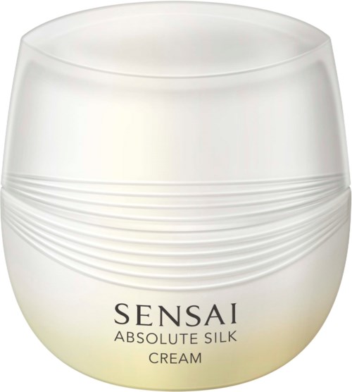 Ein weißer Behälter mit horizontalen Linien, beschriftet Sensai Absolute Silk Cream, zeigt ein luxuriöses Hautpflegeprodukt.