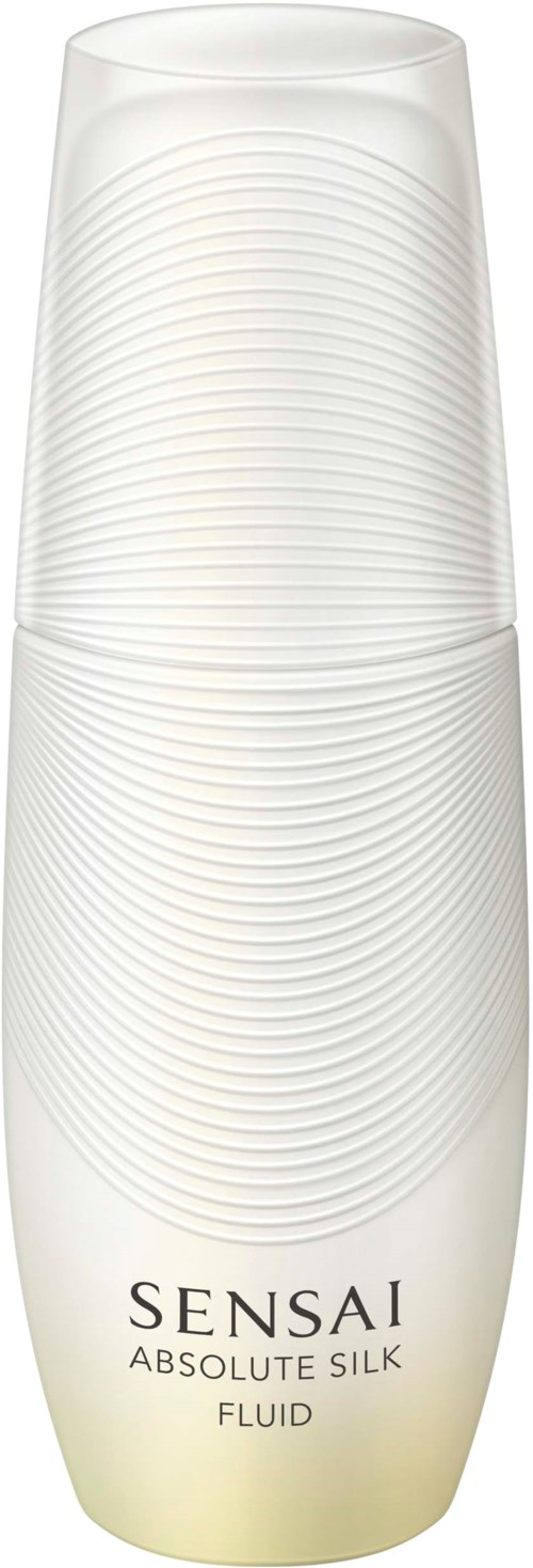 Eine weiße Flasche mit der Aufschrift 'Sensai Absolute Silk Fluid' im schlanken, runden Design.