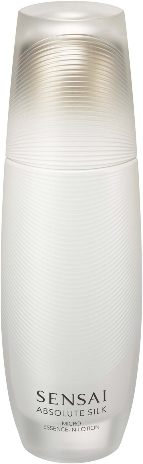 Eine weiße, zylindrische Flasche mit einem Deckel, beschriftet 'Sensai Absolute Silk Micro Essence-in-Lotion.'