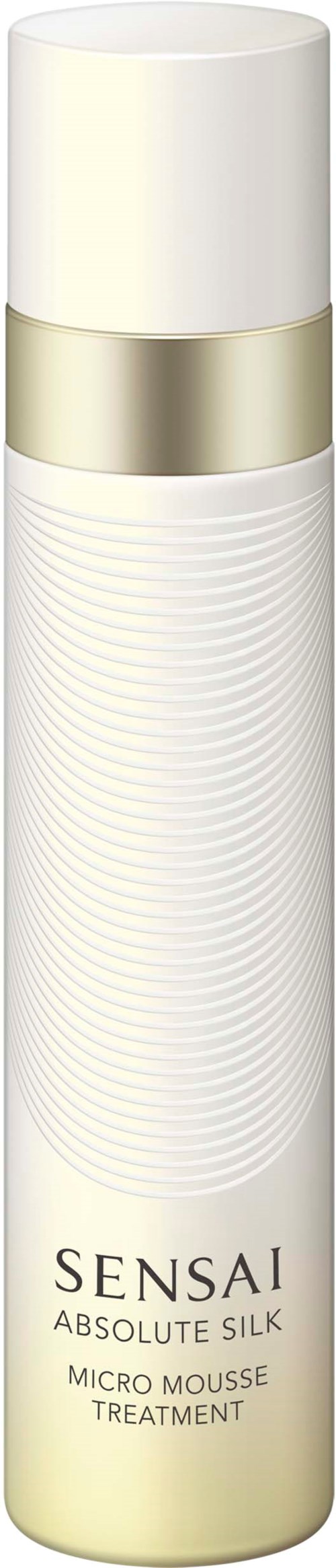 Eine lange weiße Flasche mit goldenem Band, beschriftet Sen Sei Absolute Silk Micro Mousse Treatment.