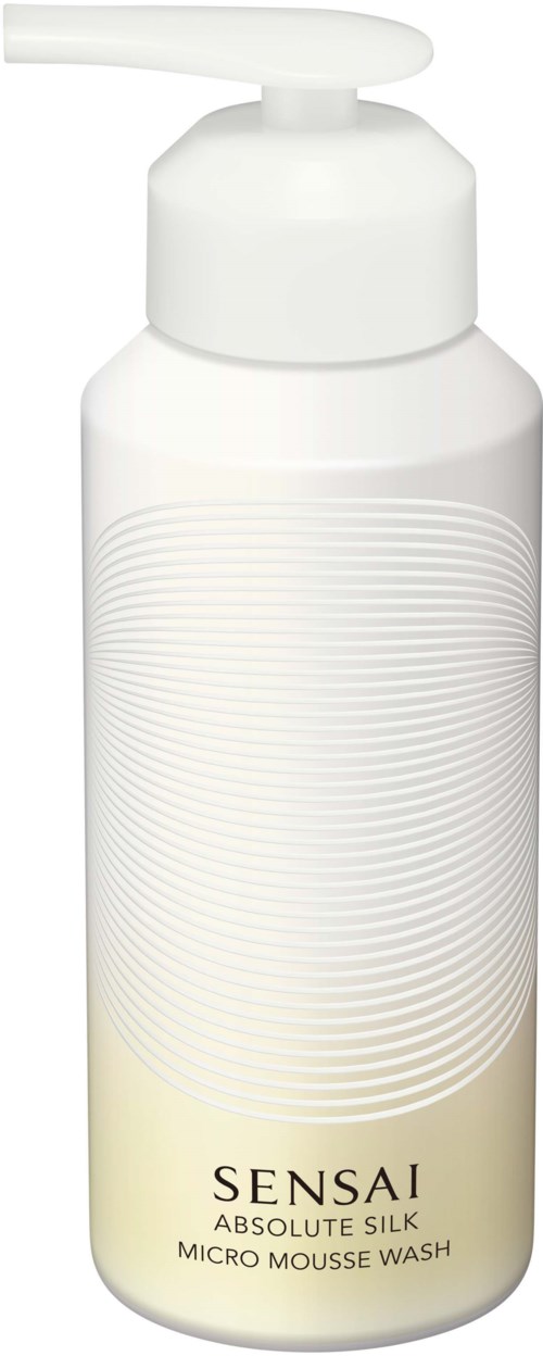 Weißer Flasche mit Pumpe, beschriftet Sensai Absolute Silk Micro Mousse Wash, scheint ein Hautpflegeprodukt zu sein.