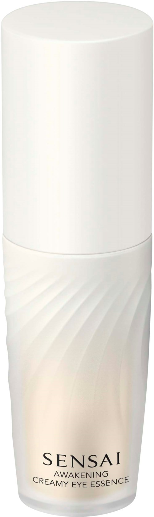 Eine weiße Flasche mit glattem oberen Teil und strukturierter unterer Hälfte, beschriftet "SENSAI" Augencreme.