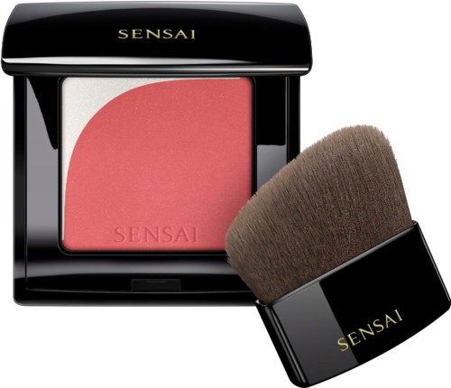 A pink blush and a brown makeup brush with a black handle, both labeled with 'SENSAI' on black packaging.