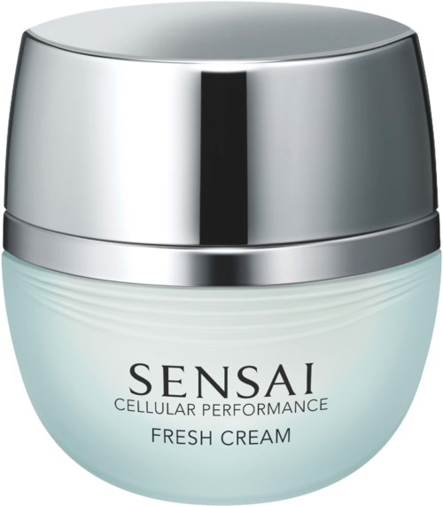 Ein weißer Behälter mit silberner Kappe, beschriftet 'SENSAI Cellular Performance Fresh Cream'.