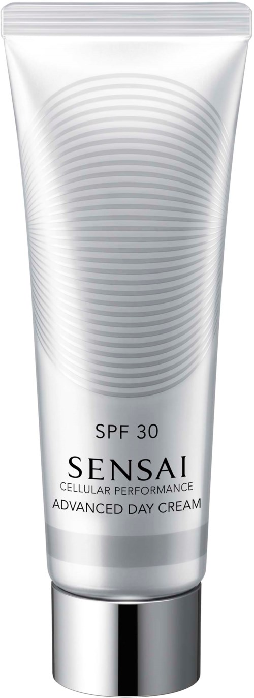Eine silberne weiße Tube mit Beschriftung Sensai SPF 30 Advanced Day Cream und kreisförmigem Design.