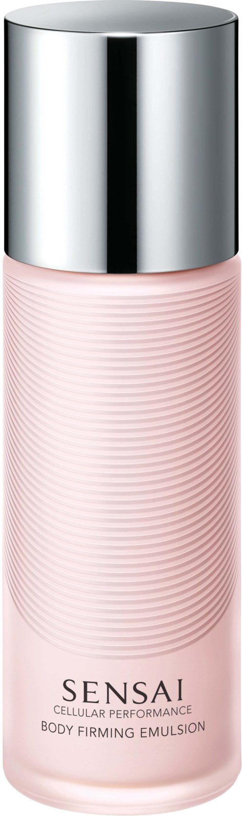 Eine rosa Körperemulsionflasche mit silberner Kappe, beschriftet 'Sensai Cellur Performance Body Firming Emulsion'.