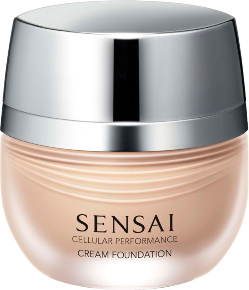 Ein Tiegel Sensai Cellular Performance Cream Foundation mit silberner Deckel und hellbeiger Creme.