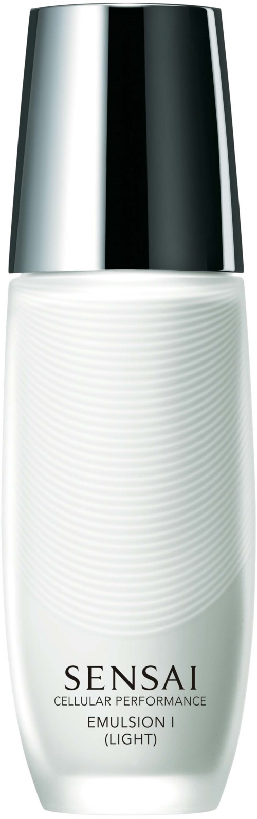 Een witte huidverzorgingsfles met een glanzende zilveren dop, gelabeld 'SENSAI Cellular Performance Emulsion Light.'