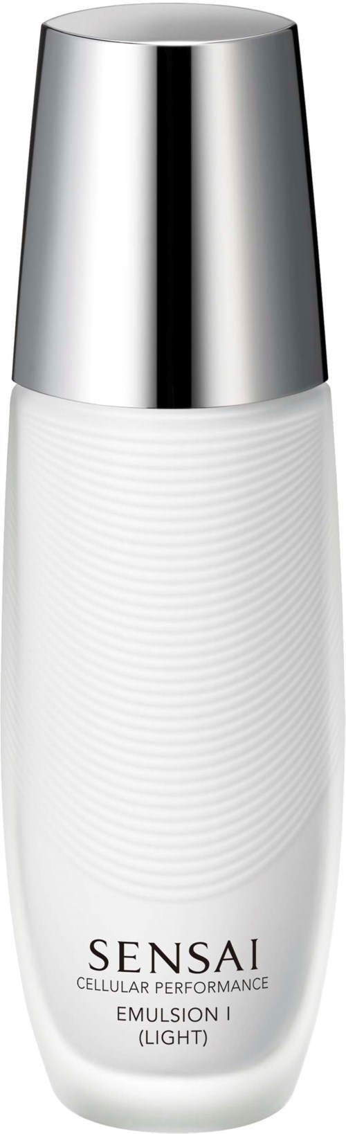 Een witte fles met een zilveren dop, gelabeld Sensai Cellular Performance Emulsion Light.