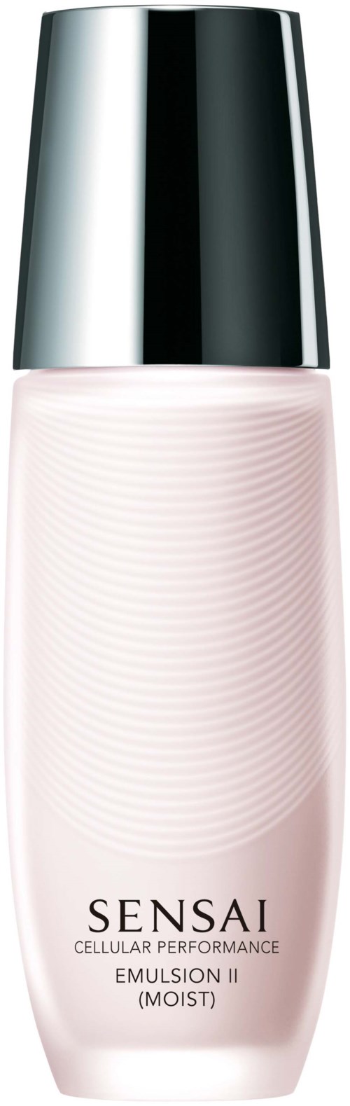 Een lange, lichtroze fles met een zilveren dop. Het labelt "Sensai Cellular Performance Emulsion II (Moist)."