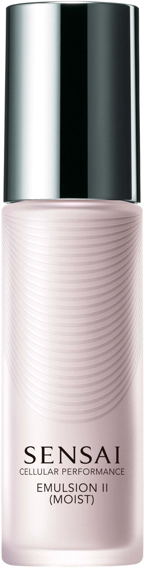 Eine Flasche Sensai Feuchtigkeitscreme mit silberner Kappe und hellrosa Flüssigkeit.