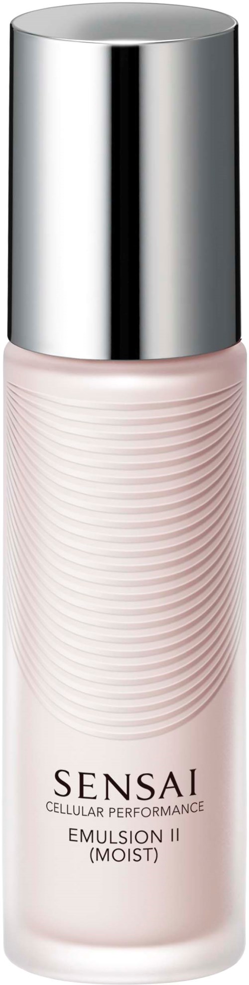 Eine rosa Flasche mit silberner Kappe, gekennzeichnet als Sensai Cellular Performance Emulsion II Moist.