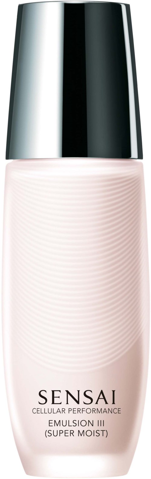 Een fles met zilveren dop en lichtroze lichaam, gemarkeerd als 'Sensai Emulsion III Super Moist'.