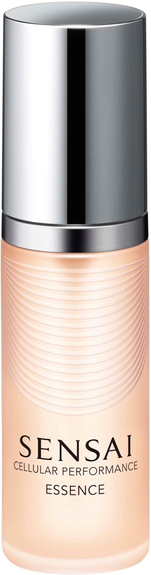 Een flesje crème met een zilverkleurige dop en lichtroze lichaam, getiteld 'Sensai Cellular Performance Essence.'