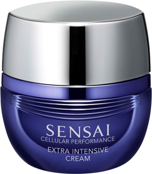 Ein blauer Behälter mit Sensai Cellular Performance Extra Intensive Cream und silberner Abdeckung.