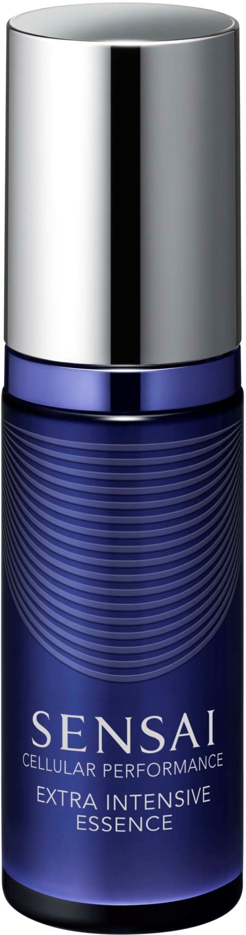 Een blauwe fles met zilveren dop met de tekst 'Sensai Cellular Performance Extra Intensive Essence.'