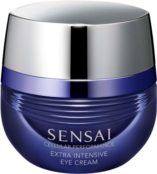 Eine dunkelblaue Dose mit glänzendem silbernem Deckel, Aufschrift Sensai, für Augencreme für extra intensive Pflege.