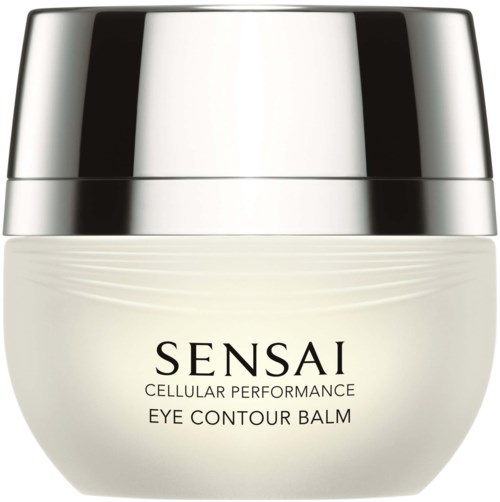 Ein Glas mit Augencreme und silberner Deckel, beschriftet Sensai Cellular Performance Eye Contour Balm.