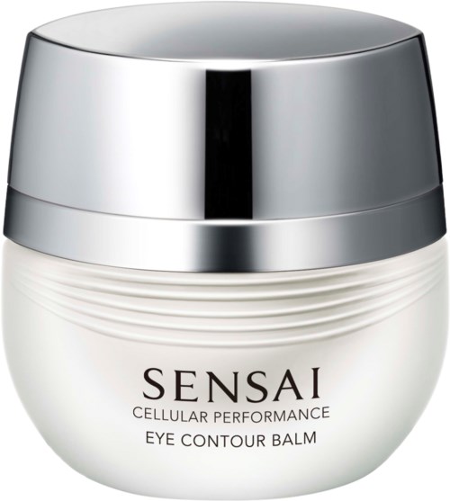 Ein weißer Behälter mit silberner Lasche, beschriftet mit Sensai Cellular Performance Eye Contour Balm.