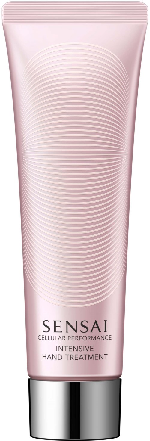 En rosa tub med Sensai Intensive Hand Treatment med silverlock och koncentriska cirklar.