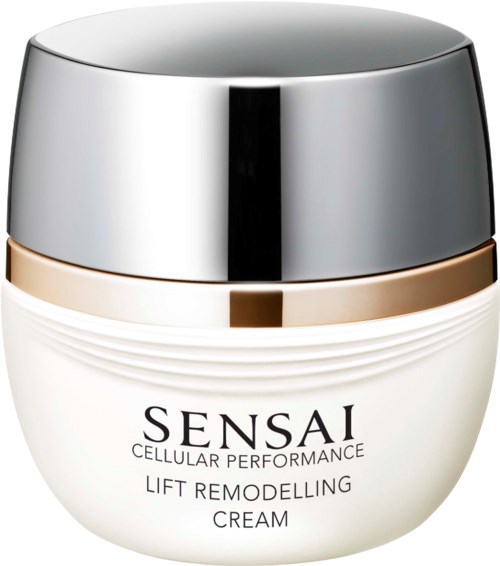 Witte pot met zilveren deksel, gemarkeerd Sensai Lift Remodelling Cream voor huidverzorging. Elegant en schoon design.