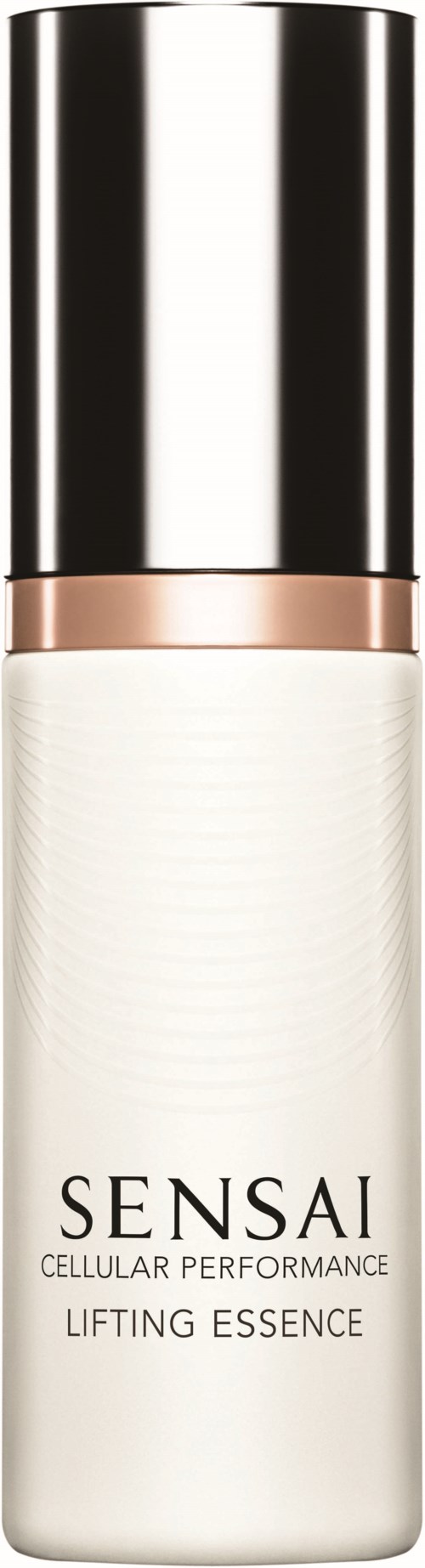 Eine weiße Flasche mit einem glänzenden silbernen Verschluss, beschriftet "SENSAI Cellular Performance Lifting Essence."